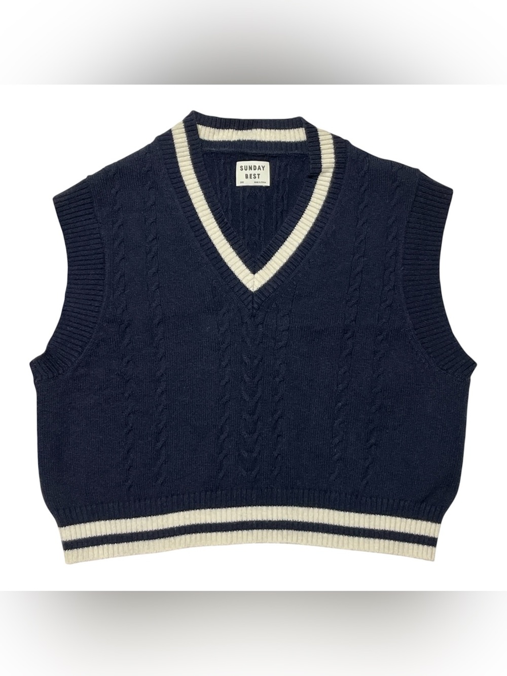 Aritzia Sunday Best Winston Navy & White Cable Knit V-Neck Sweater Vest